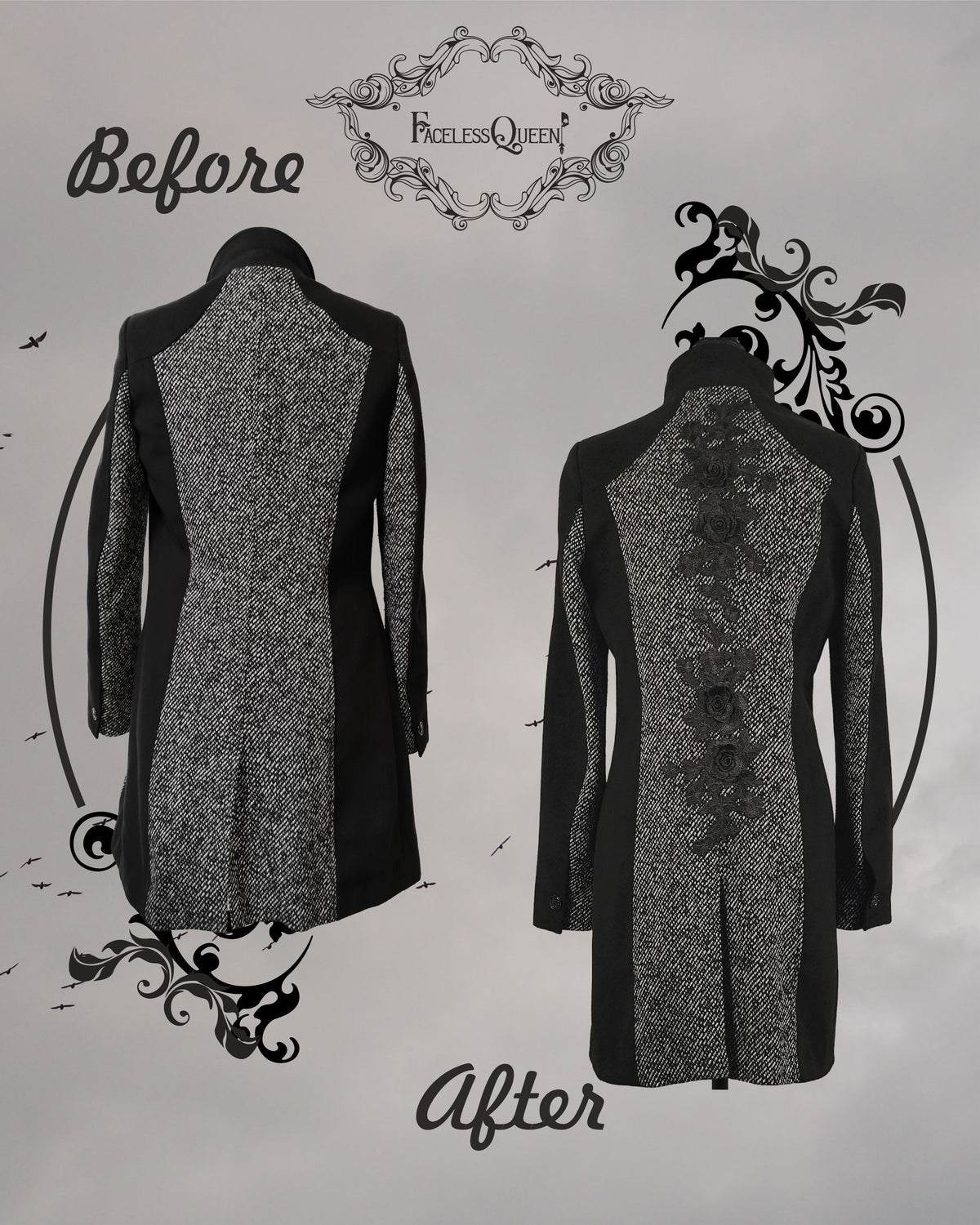 Before and after comparison showing the back of a long, structured jacket featuring textured grey tweed panels and black side panels. The plain "before" version on the left displays the natural fabric pattern. The "after" version on the right is customized with a continuous vertical line of black floral lace appliqués running down the center of the tweed section. The backdrop is a circular frame with a cloudy sky, bird silhouettes, ornate swirls, and a "Faceless Queen" logo.