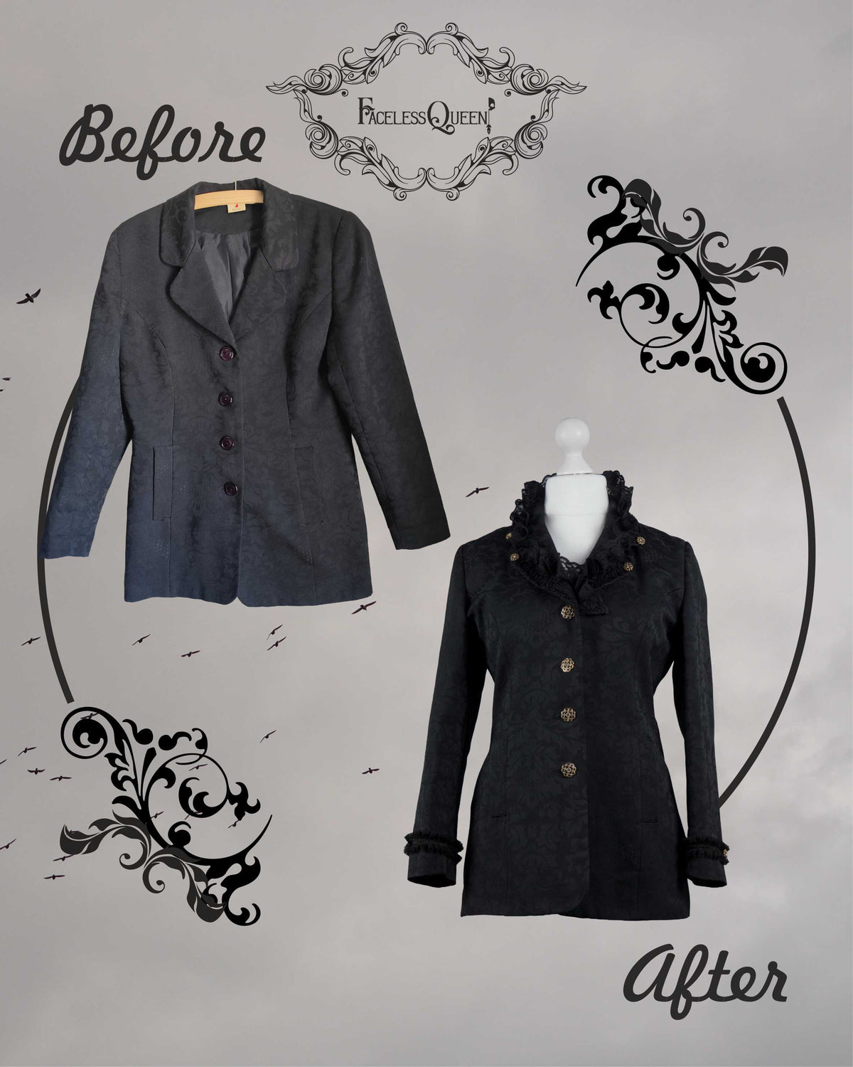 Before and after comparison showing the front of a dark brocade patterned blazer. "Before" version on the left hangs on a wooden hanger with simple purple buttons and a classic lapel collar. "After" version on the right is customized into a gothic style on a mannequin, featuring a high ruffled black collar, lace at the neckline, ornate gold buttons, and matching ruffled black trim on the cuffs. The backdrop is a circular frame with a cloudy sky, bird silhouettes, ornate swirls, and "Faceless Queen" logo.