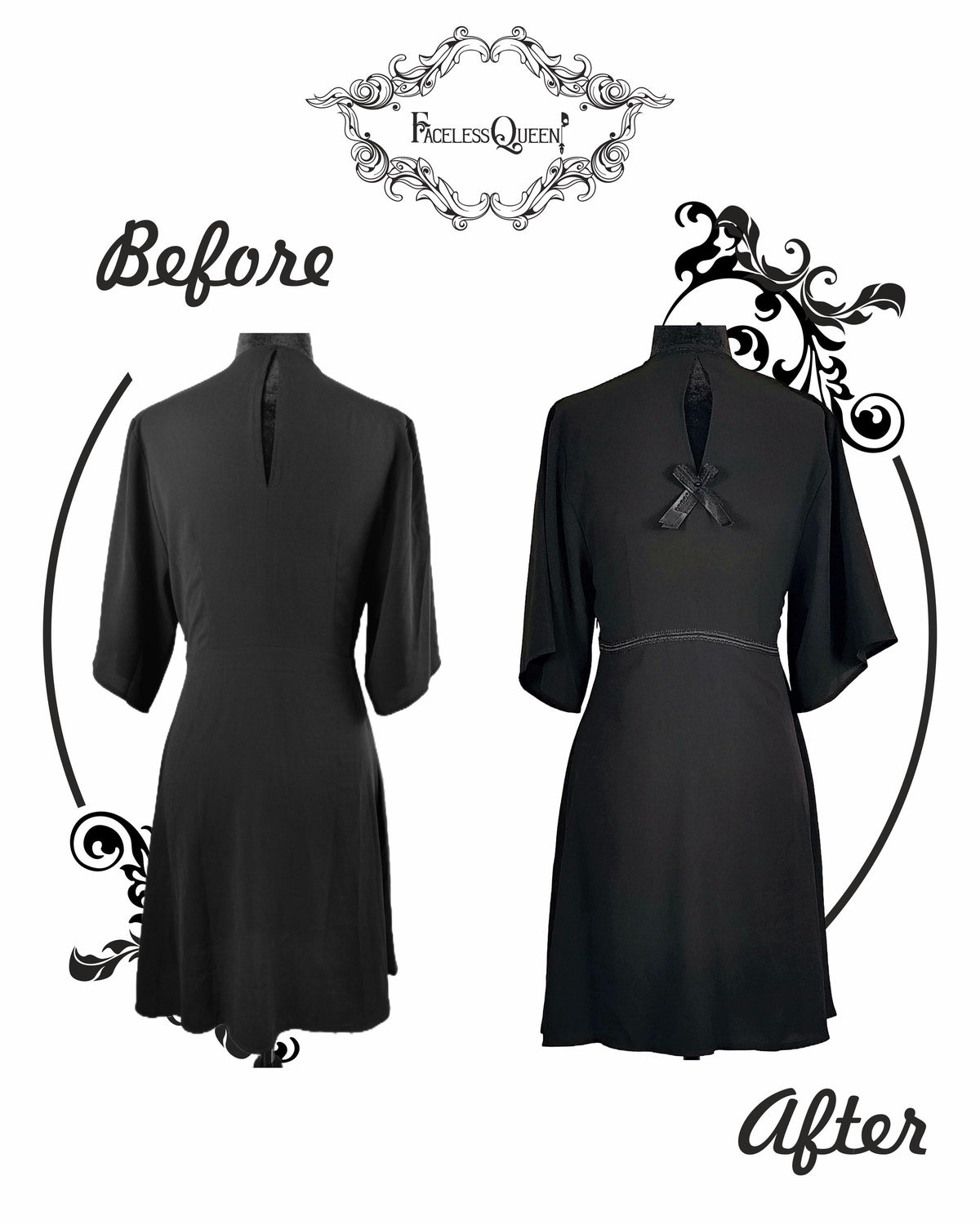 A black gothic-style dress shown from both front and back views on a white background, labeled 'Before' and 'After' with decorative black scrollwork. The brand name 'The Faceless Queen' is visible at the top.