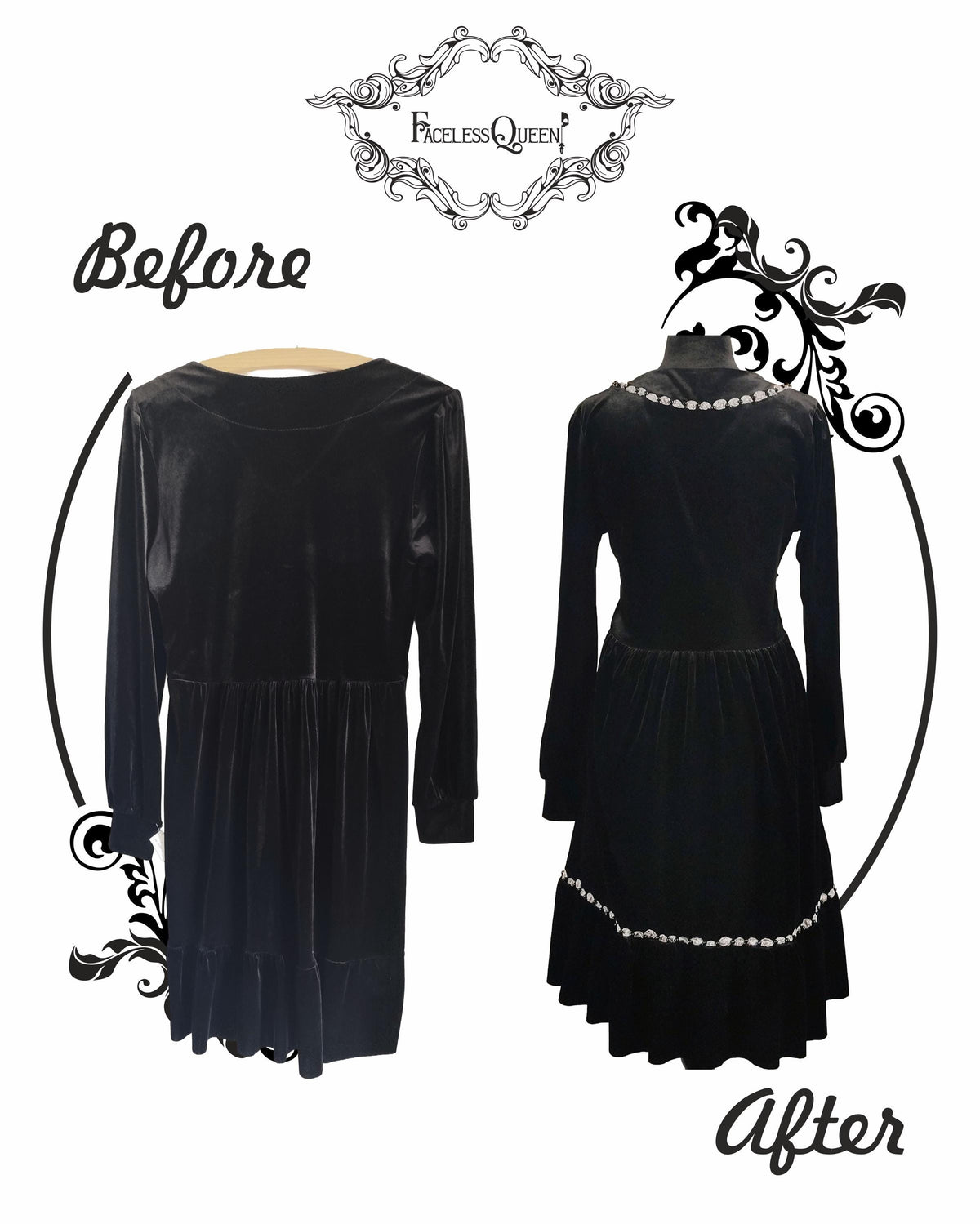 A black velvet long-sleeve dress shown in two views labeled 'Before' and 'After' on a white background, with decorative black flourishes and the text 'Before' and 'After.' A decorative crest at the top reads 'Faceless Queen.
