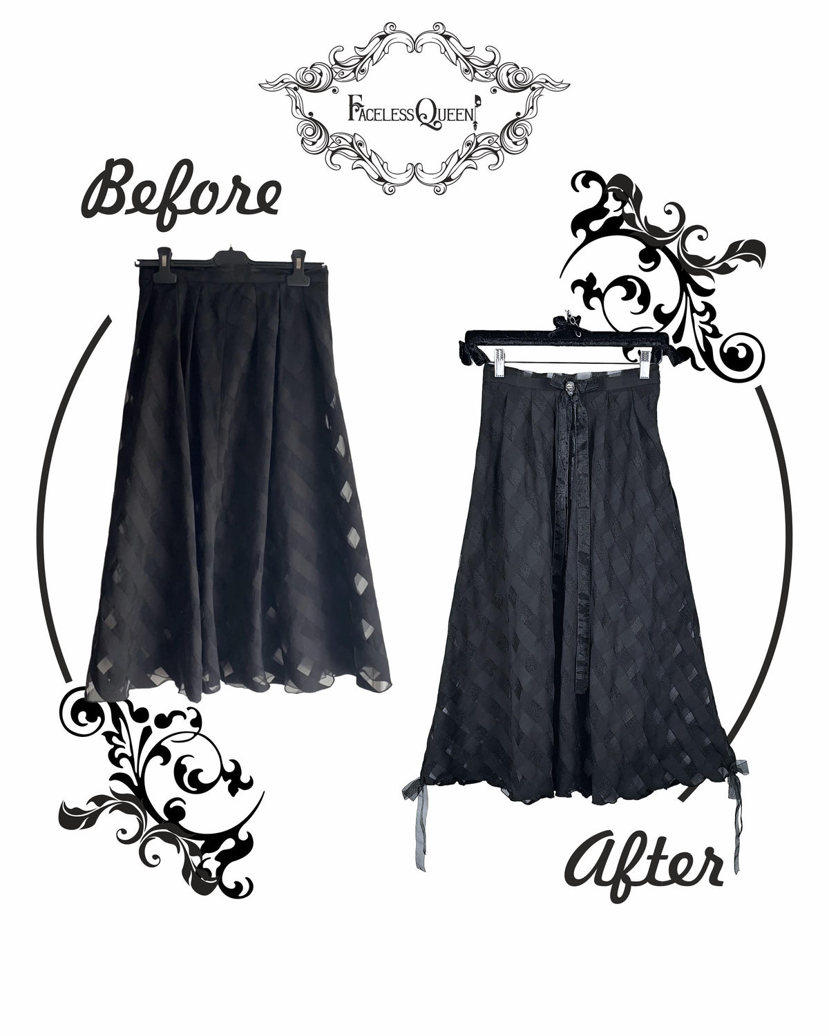 A black sheer midi skirt shown in a before-and-after comparison layout on a white background with decorative black scrollwork and the text 'Before', 'After', and 'Faceless Queen'.