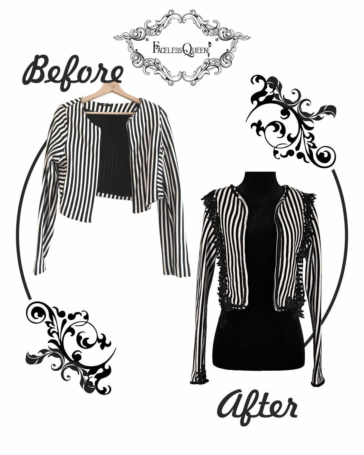 A before-and-after product presentation of a black and white vertically striped cropped jacket. The left side shows the jacket hanging on a wooden hanger with a black top underneath, labeled 'Before'.