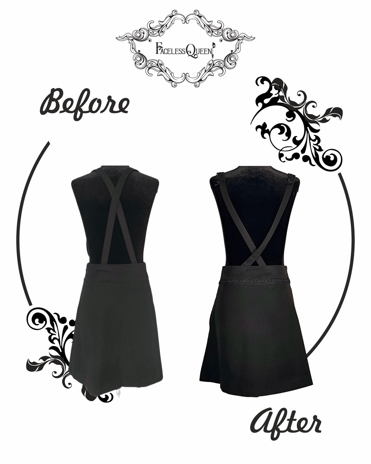 Front view of a before and after pictures of a transformed Mango skirt by Faceless Queen.