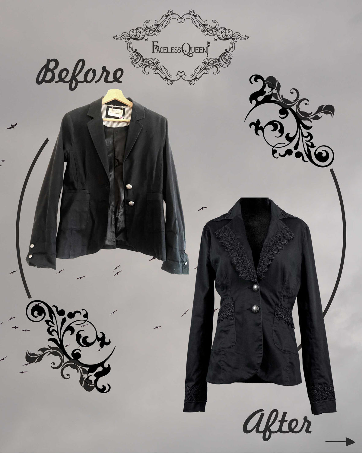 A black blazer shown from the front in two views on a light gray background: one plain and one with ornate lace-like detailing down the center. The image includes decorative black flourishes, the words 'Before' and 'After,' and a visible 'Faceless Queen' logo at the top.