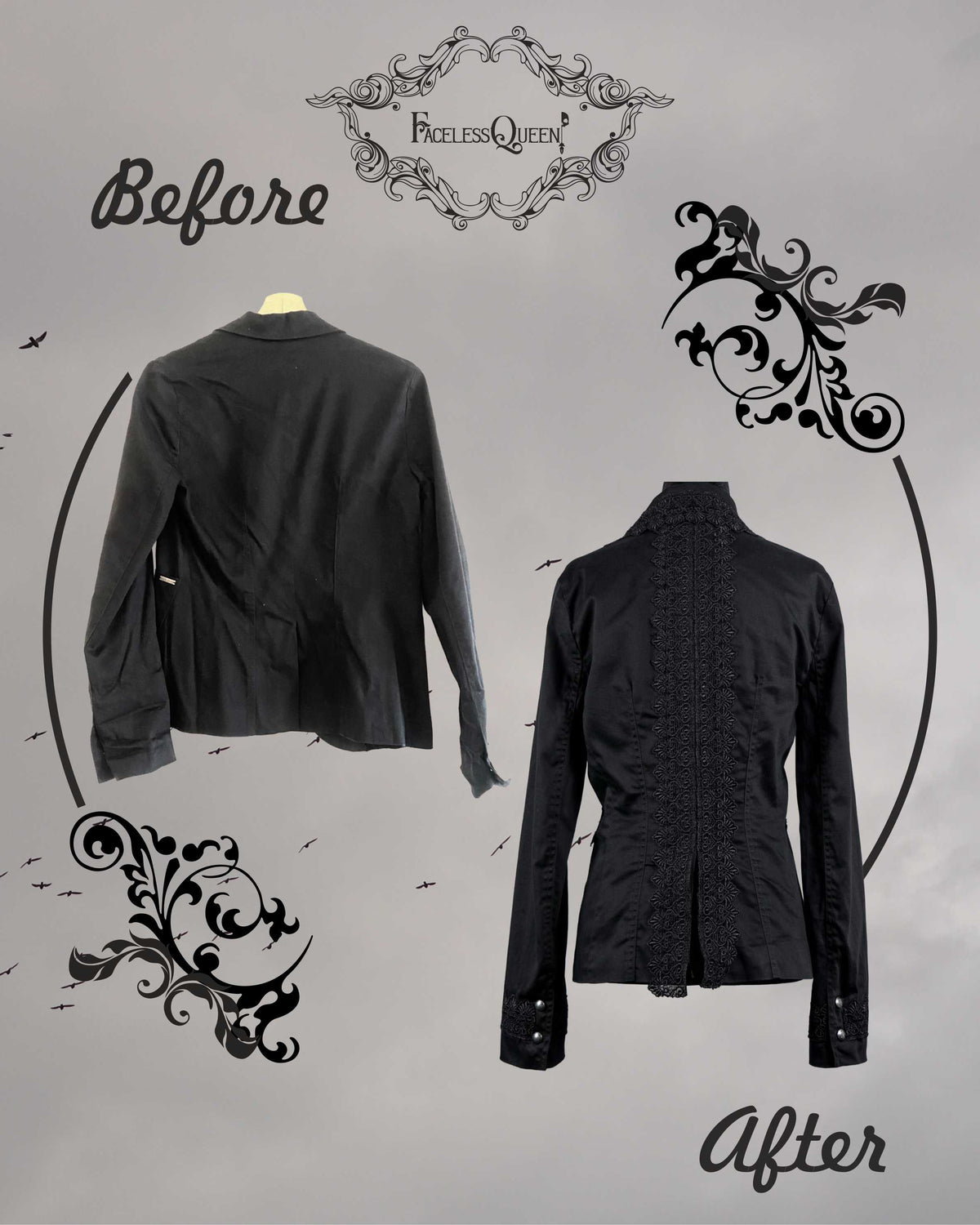 A black blazer shown from the back in two views on a light gray background: one plain and one with ornate lace-like detailing down the center. The image includes decorative black flourishes, the words 'Before' and 'After,' and a visible 'Faceless Queen' logo at the top.
