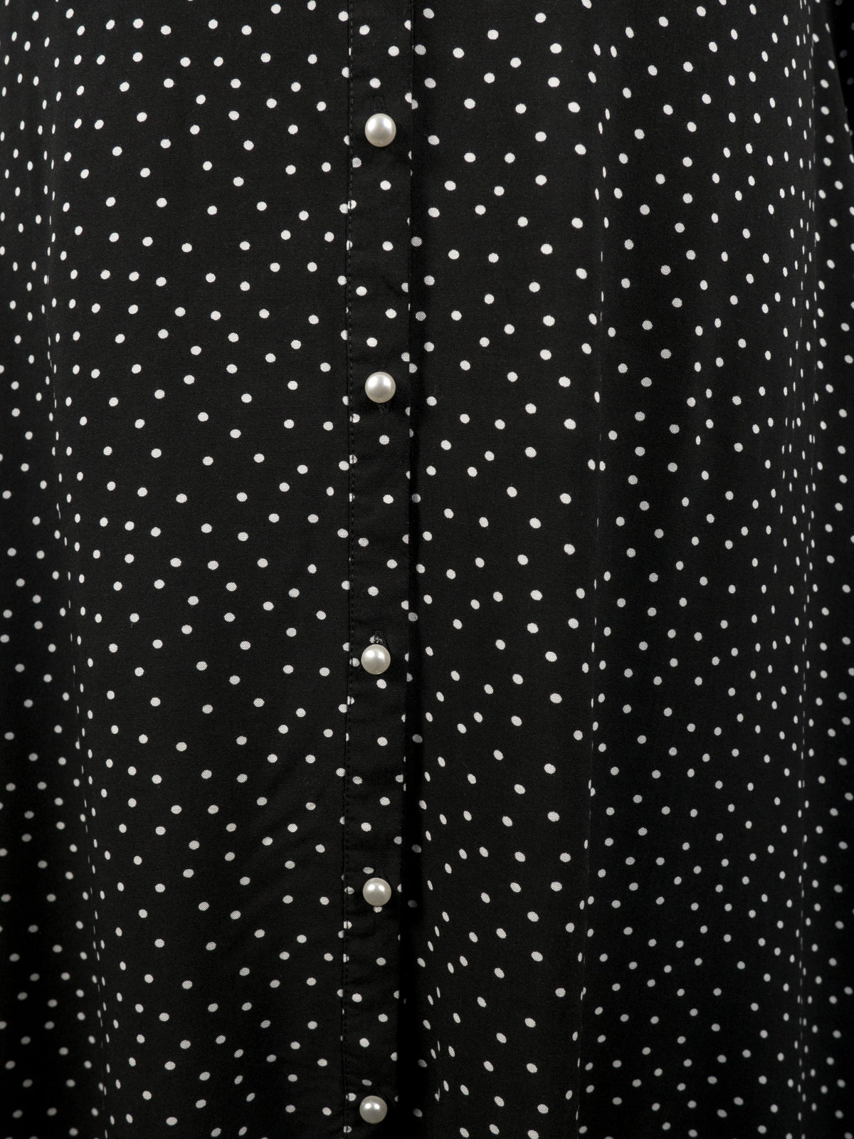Close-up of the front fabric pattern of a black garment covered in small white polka dots. A central vertical button placket features a neat row of round, white pearl-like buttons spaced evenly apart.