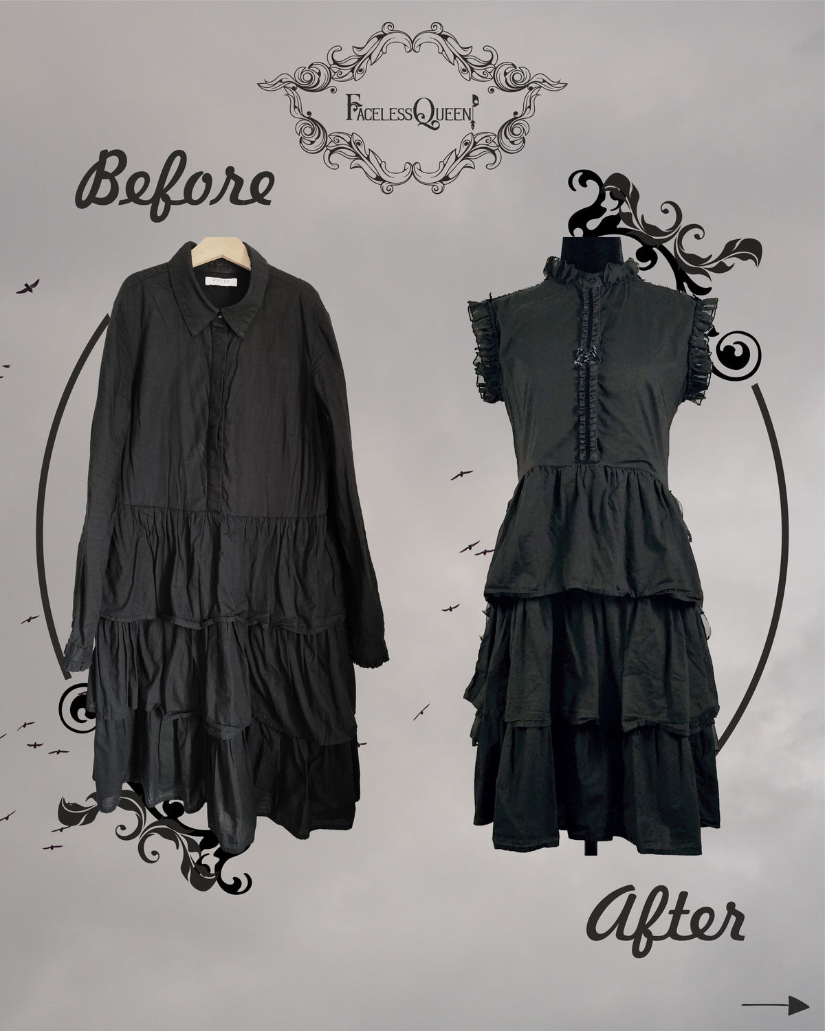 Before and after comparison showing the front of a black tiered ruffled dress. The loose-fitting "before" version on the left features a simple shirt collar, front button placket, and long sleeves. The "after" version on the right is tailored to be form-fitting, featuring a high ruffled mock neck collar, small decorative dark embellishments down the front placket, and sheer ruffled trim on the cap sleeves. The backdrop features a sky inside a circular frame with ornate accents and Faceless Queen logo.