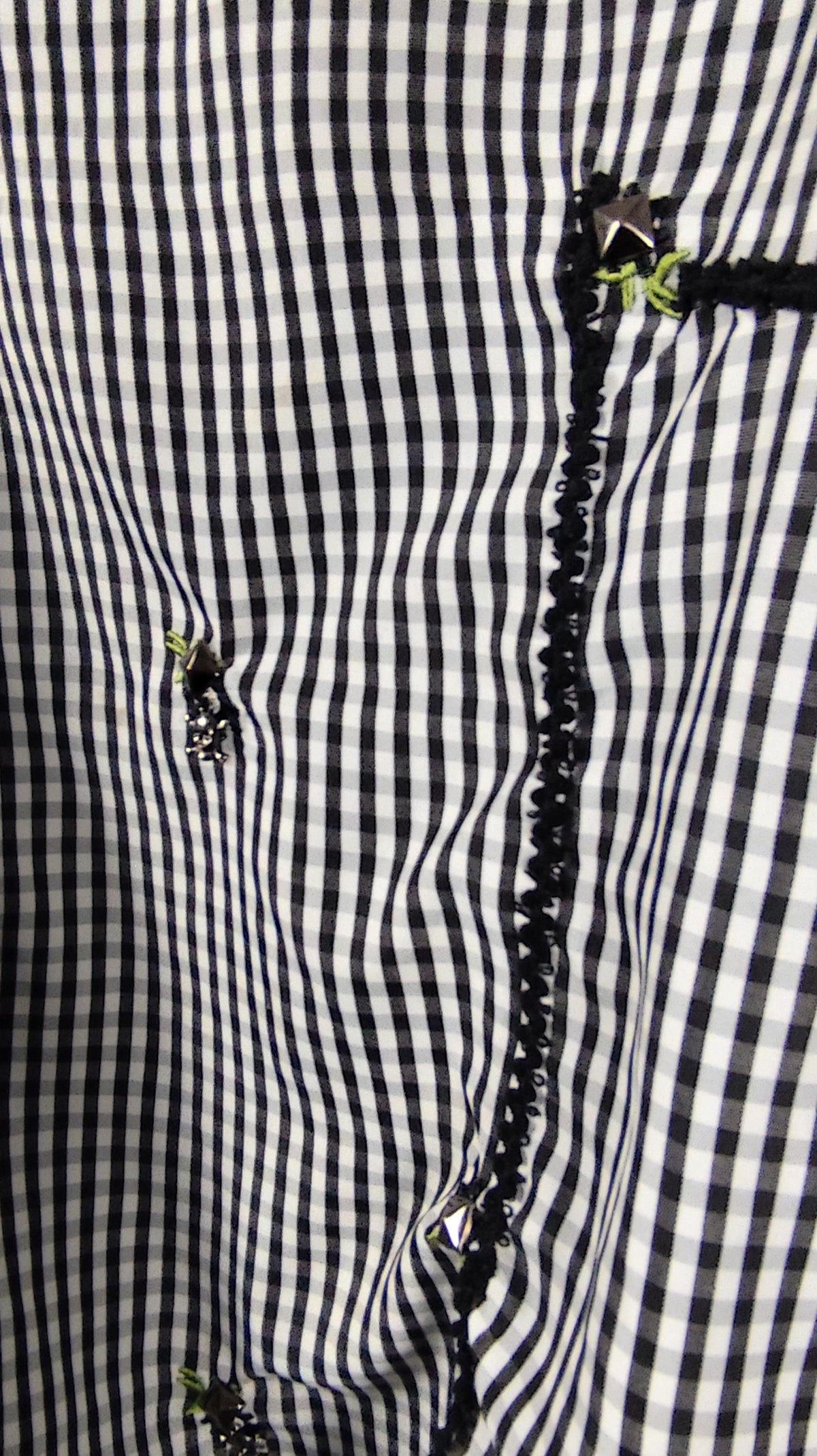 Close-up of a black and white checkered blouse decorated with black ruffled trim, small green floral accents and studs.