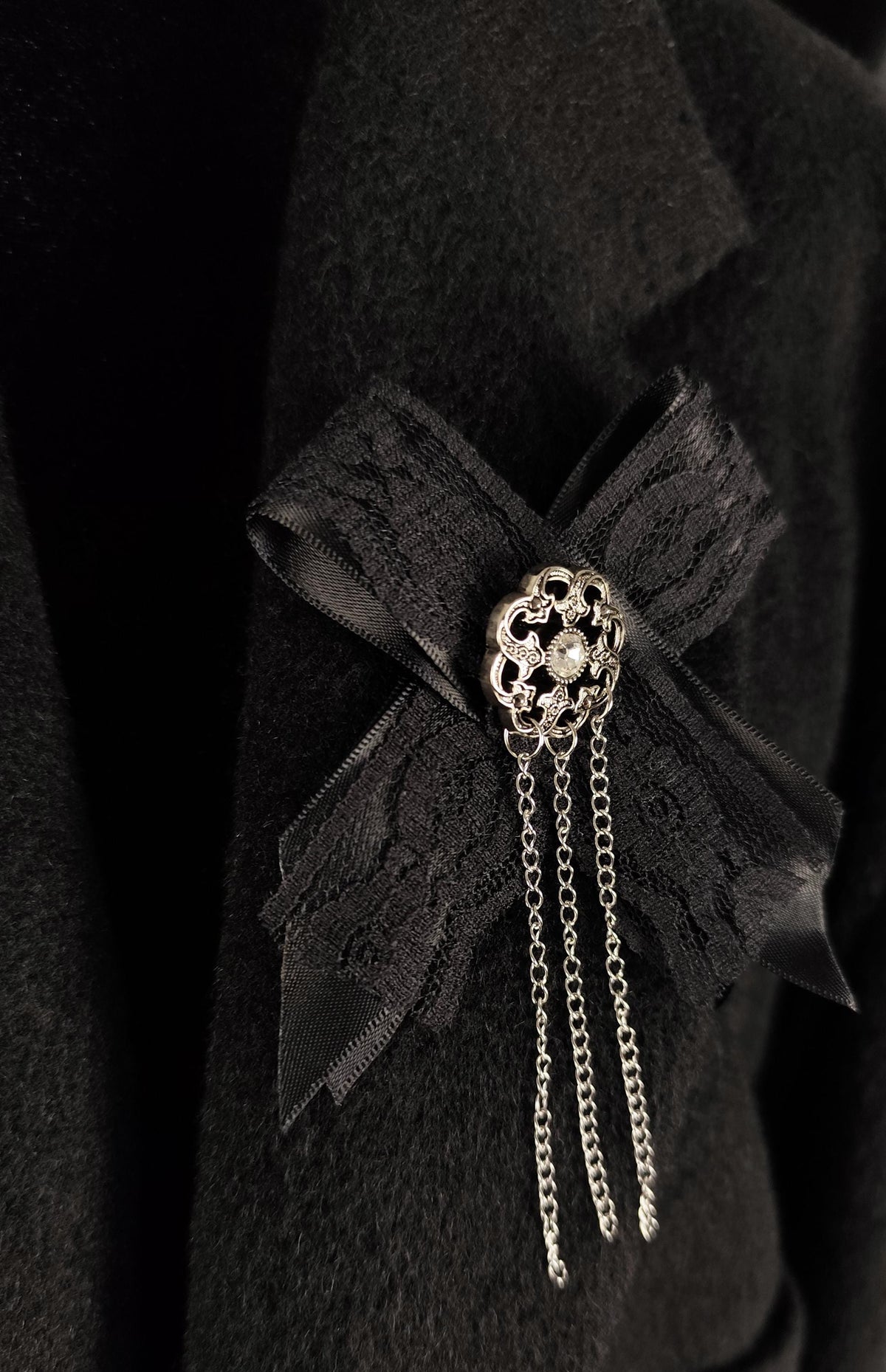 Handmade Unisex Gothic Victorian Satin Lace and Chain Brooch, Gender Free Alternative Pin, Romantic Clothing and Necklace Accessory