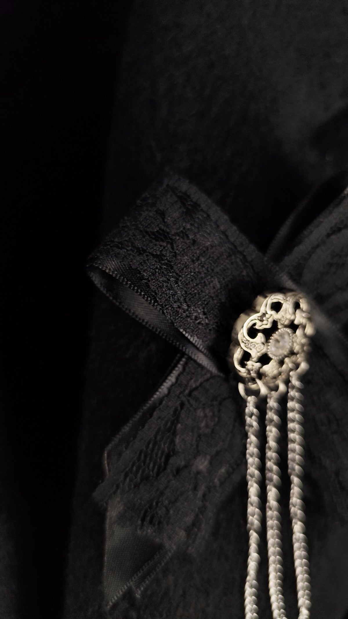 Handmade Unisex Gothic Victorian Satin Lace and Chain Brooch, Gender Free Alternative Pin, Romantic Clothing and Necklace Accessory