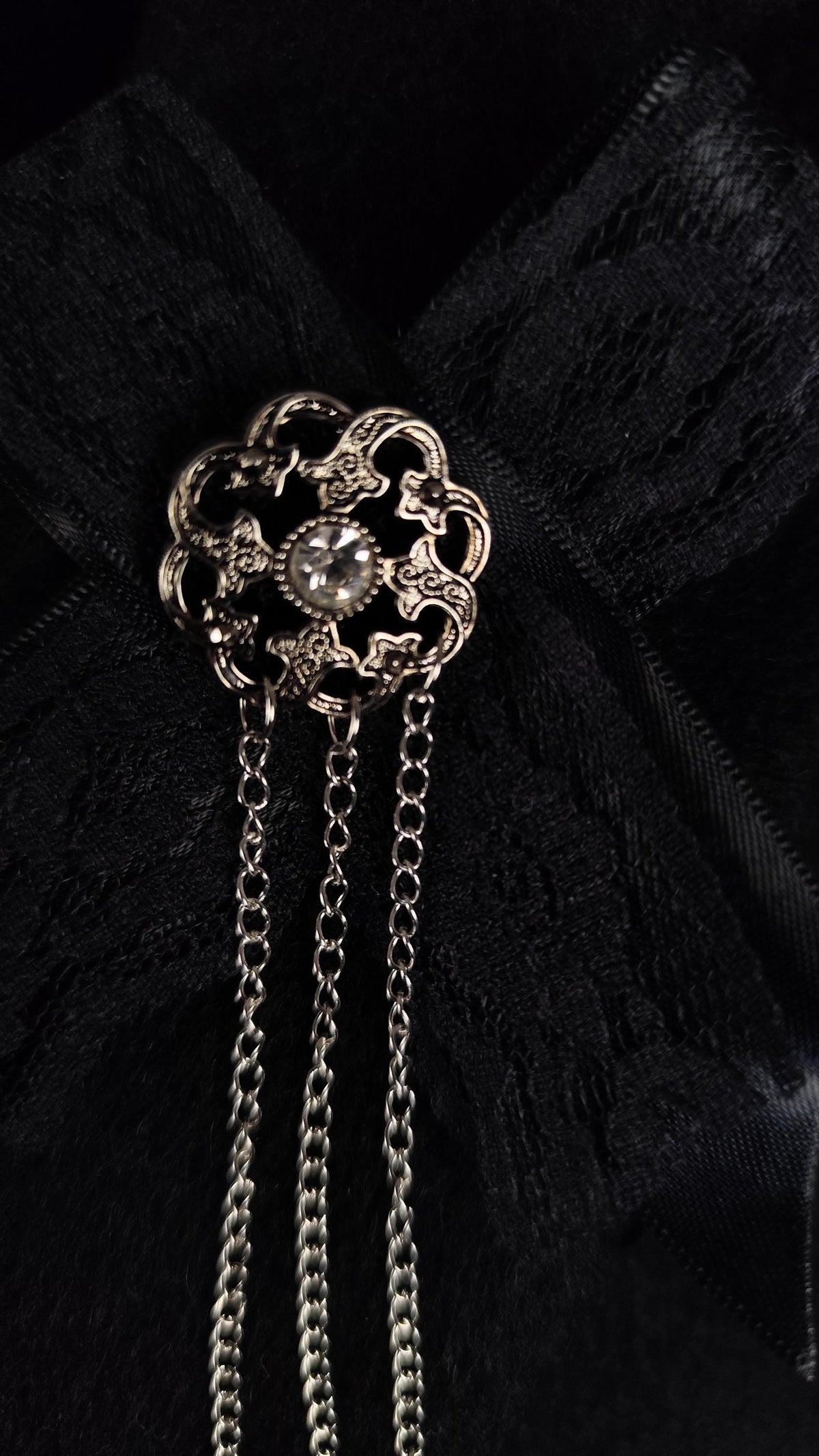 Handmade Unisex Gothic Victorian Satin Lace and Chain Brooch, Gender Free Alternative Pin, Romantic Clothing and Necklace Accessory