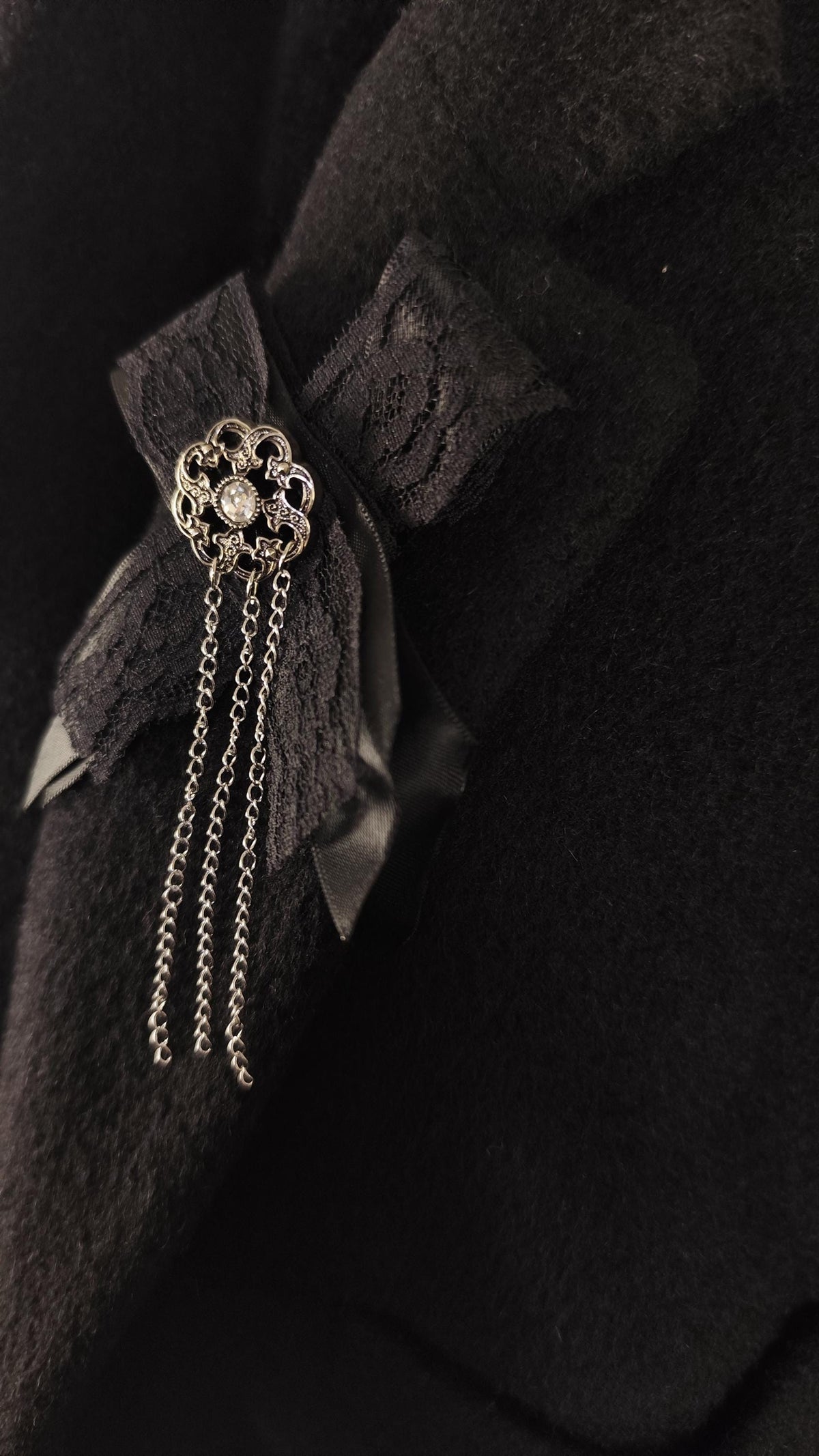 Handmade Unisex Gothic Victorian Satin Lace and Chain Brooch, Gender Free Alternative Pin, Romantic Clothing and Necklace Accessory