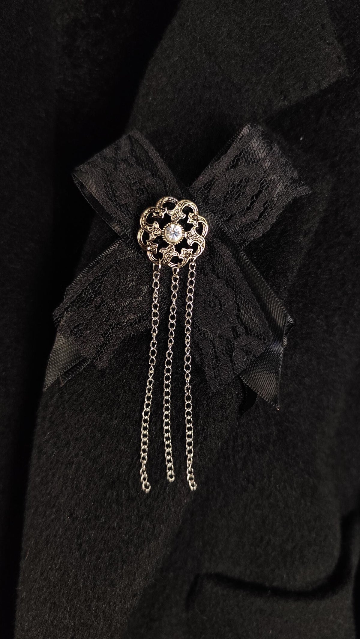 Handmade Unisex Gothic Victorian Satin Lace and Chain Brooch, Gender Free Alternative Pin, Romantic Clothing and Necklace Accessory