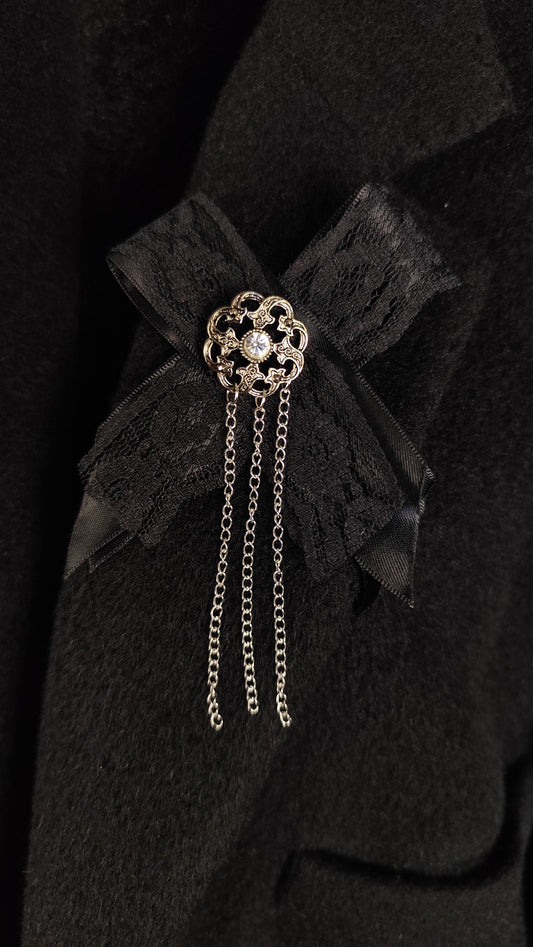 Handmade Unisex Gothic Victorian Satin Lace and Chain Brooch, Gender Free Alternative Pin, Romantic Clothing and Necklace Accessory