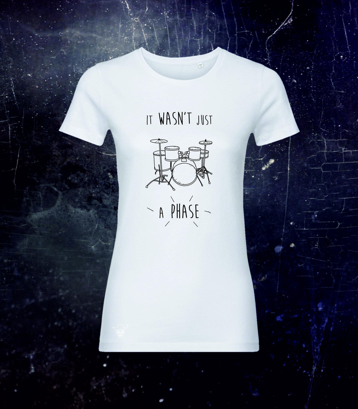 Woman Regular Fit Drums T-shirt, Organic Cotton Not a Phase Shirt, White Short Sleeve Top with Drums Illustration