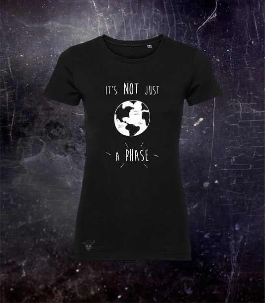 Planet Earth is Not Just a Phase Black and White T-shirt, Woman Travel Theme Shirt, Organic Cotton T-shirt with Eco Message, Size M / 38