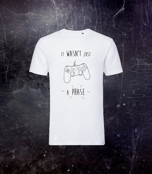 Gaming Is Not Just A Phase Unisex T-shirt, Organic Cotton Gender Neutral Short Sleeve Gaming Shirt, Black and White T-Shirt For True Gamers