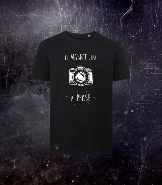 Photography Is Not A Phase T-shirt, Perfect Gift or Present for Photographer, Unisex Organic Cotton Regular Fit Black and White Photo Top