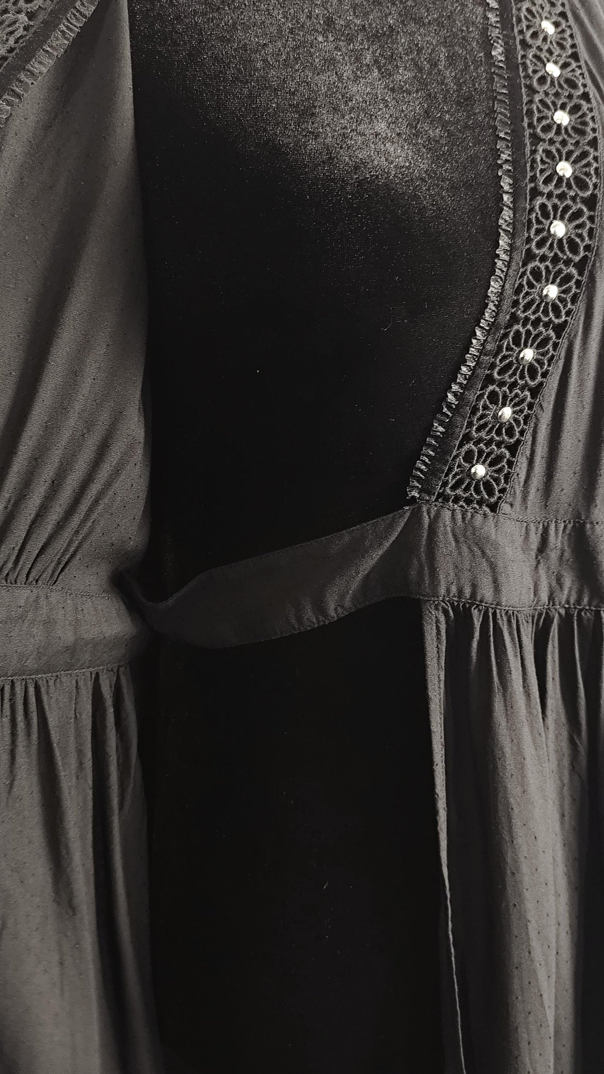 Detail from an alternative black wrap dress.