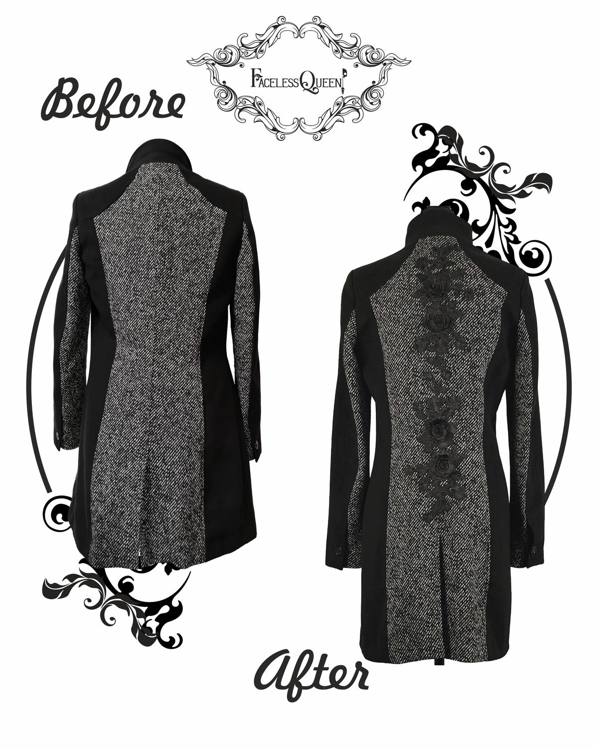 A before-and-after comparison graphic showing a long black and gray patterned dress or coat from the back, with decorative gothic-style flourishes and the text 'Before' and 'After'. The top center includes the brand name 'The Faceless Queen'.