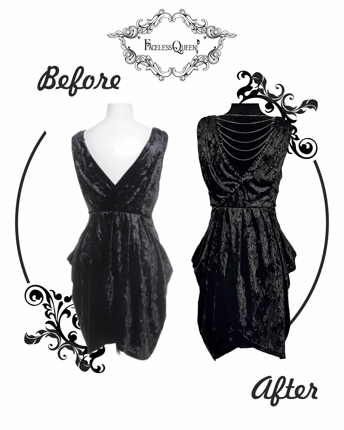 A black velvet dress shown on a mannequin in front and back views, with decorative 'Before' and 'After' text and ornamental flourishes on a white background. The top of the image includes the brand name 'Faceless Queen'.