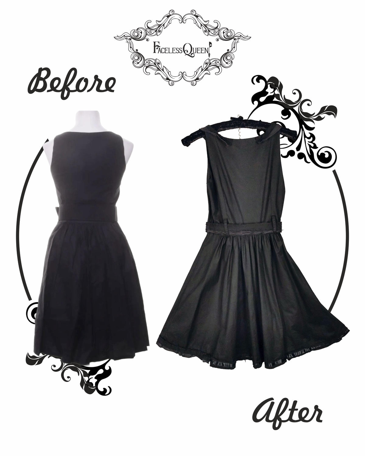 A black sleeveless A-line dress shown in a before-and-after comparison layout on a white background. The left side shows the dress on a mannequin under the label 'Before', and the right side shows the same dress hanging on a hanger under the label 'After'.