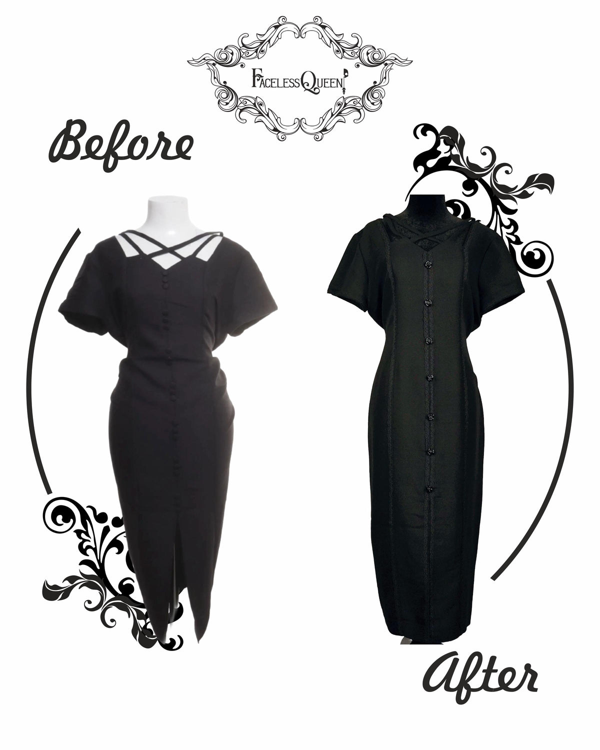 A before-and-after dress styling comparison on a white background. The left side shows a black short-sleeve dress on a mannequin with white crisscross shoulder straps, labeled 'Before.