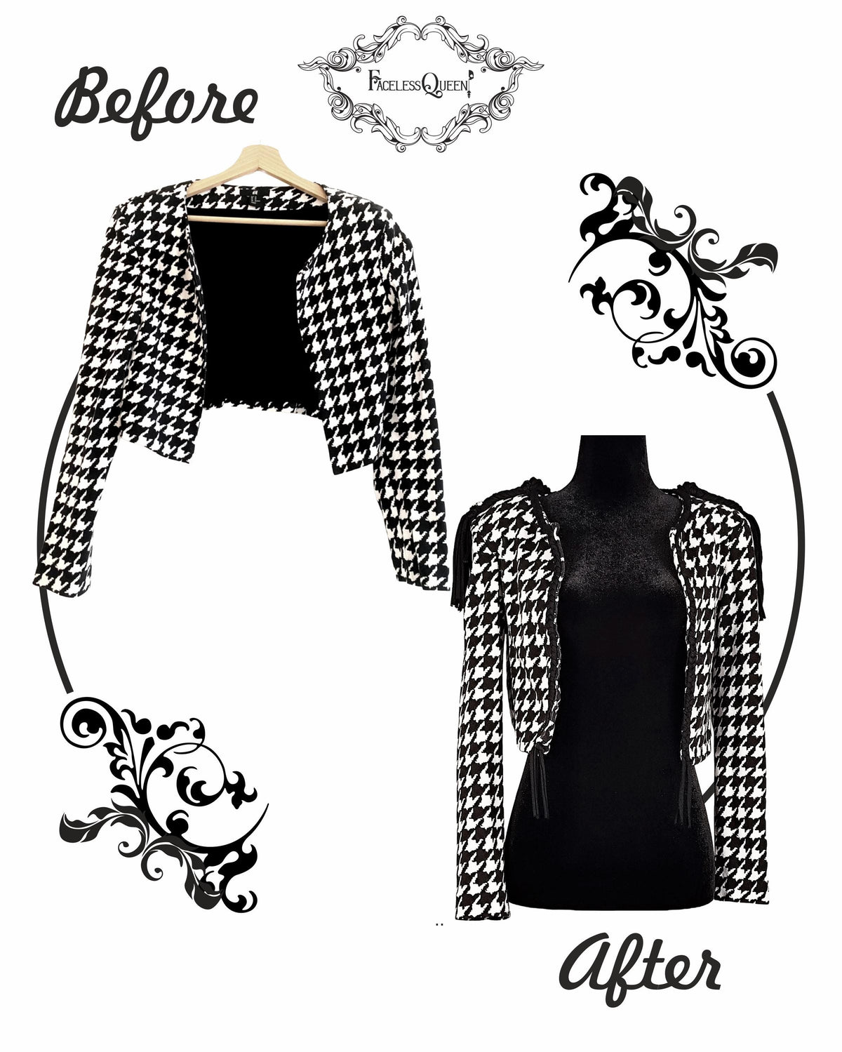 A before-and-after comparison showing a black and white houndstooth cropped jacket styled over a black top. On the left, labeled 'Before', the jacket is shown hanging on a wooden hanger.