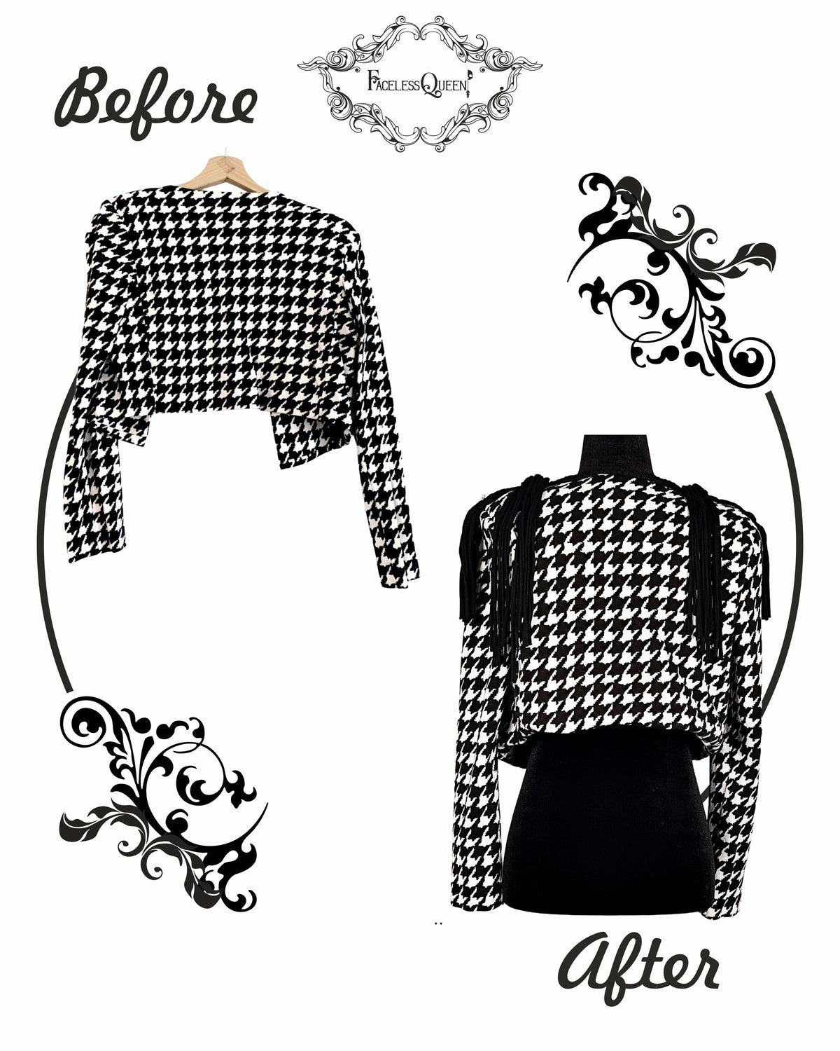 A before-and-after product presentation of a black and white houndstooth cropped long-sleeve top. The 'Before' view shows the garment hanging on a wooden hanger, while the 'After' view shows it on a black dress form.