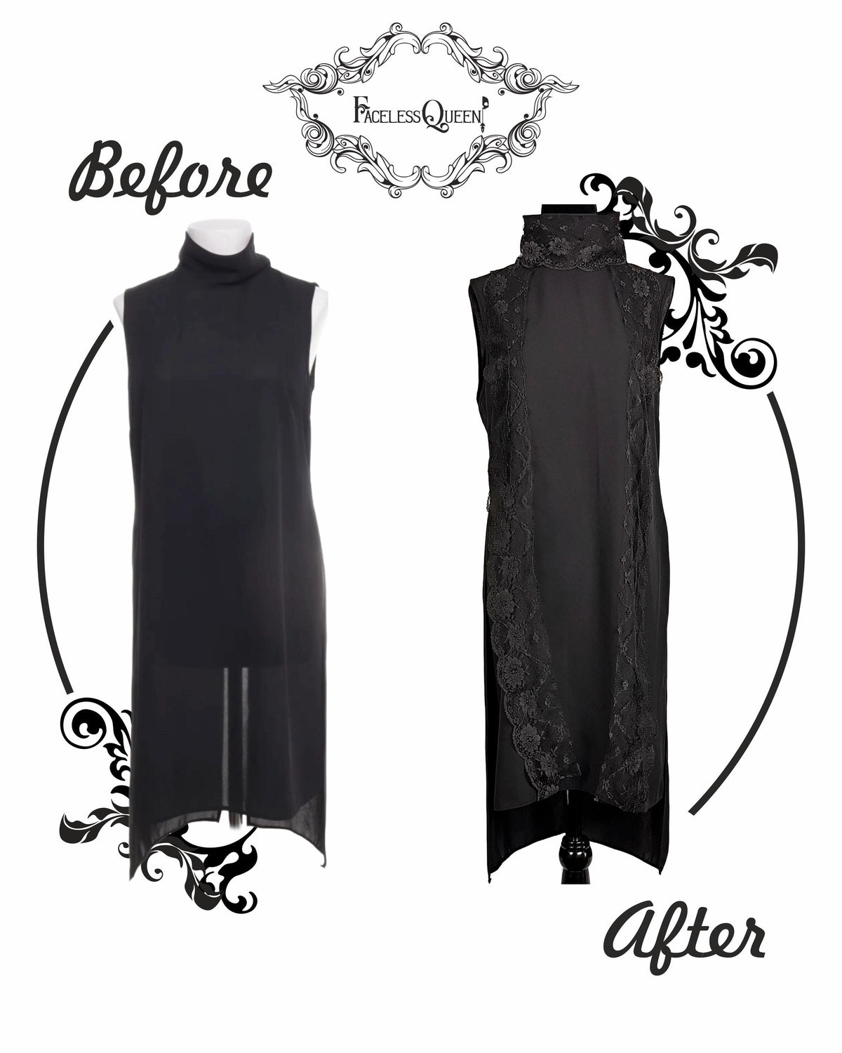 A before-and-after comparison of a black sleeveless mock tunic on a mannequin. The left side, labeled 'Before', shows the plain black dress.