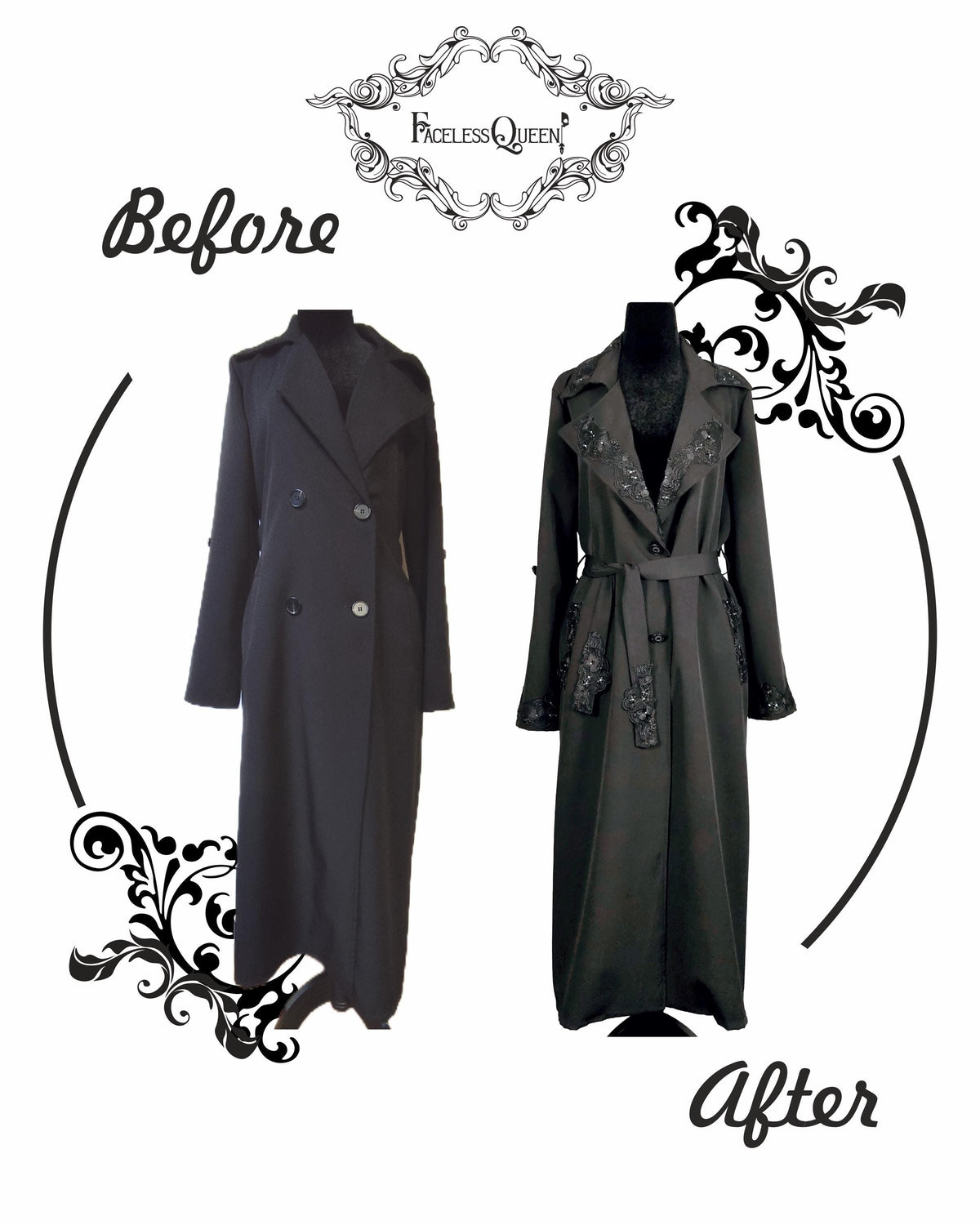 A before-and-after comparison of a long black trench coat. The left side, labeled 'Before', shows the coat laid flat on a mannequin.
