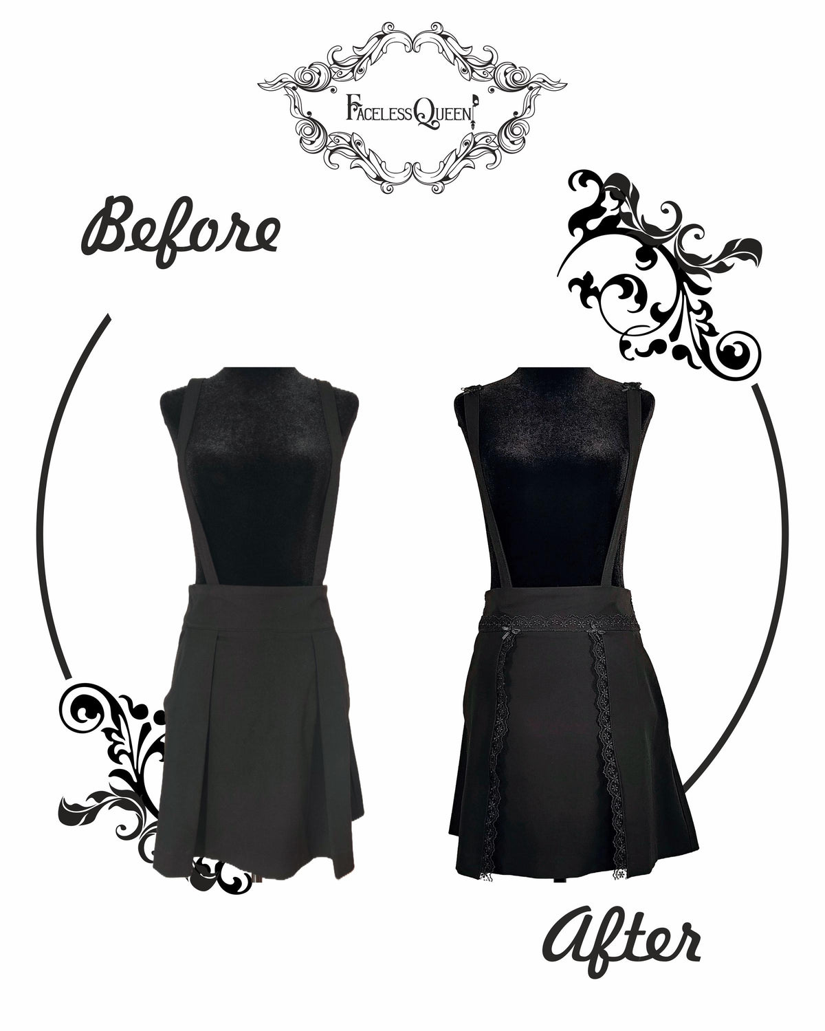 Front view of a before and after pictures of a  transformedMango skirt by Faceless Queen. 