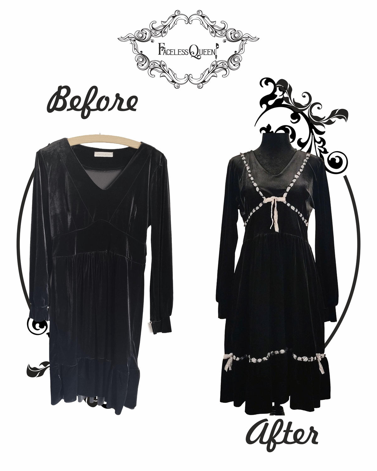 A before-and-after comparison of a black velvet long-sleeve dress with decorative pearl-like trim. The left side shows the dress on a wooden hanger labeled 'Before', and the right side shows the embellished version on a mannequin labeled 'After'.