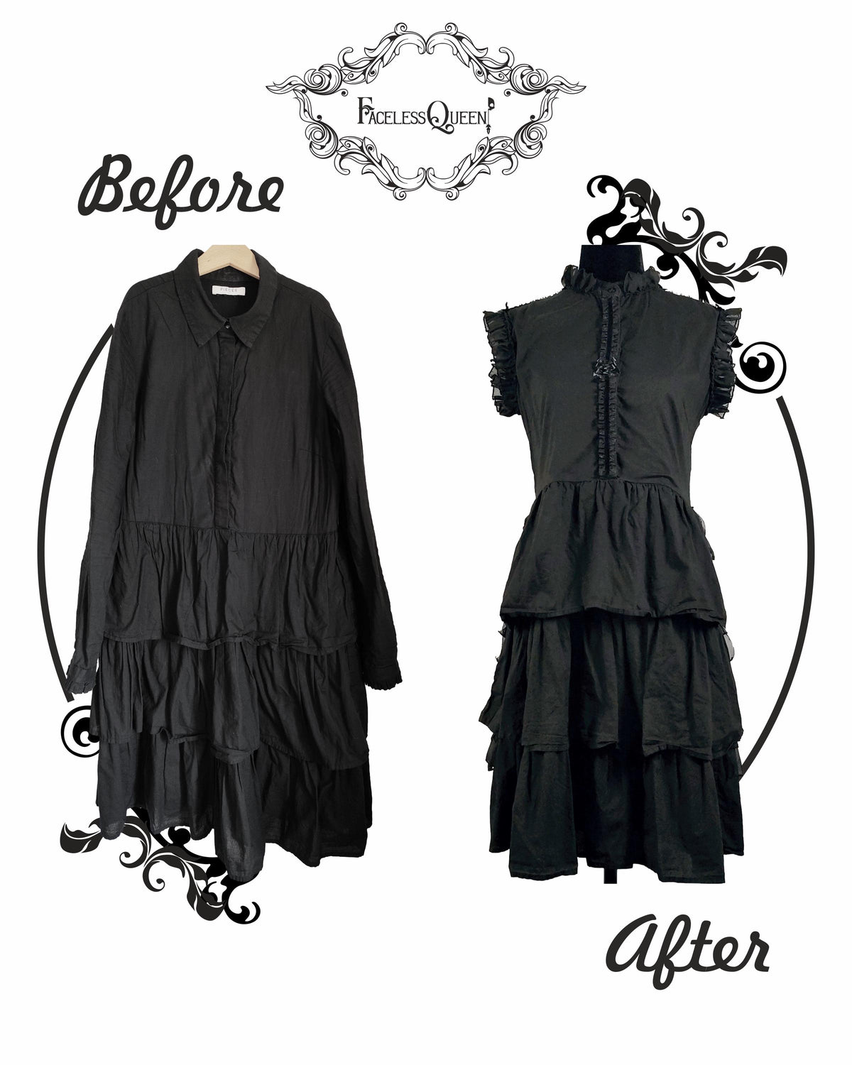 A black gothic-style tiered dress shown in a before-and-after comparison layout on a white background, with decorative black scroll graphics and the text 'Before', 'After', and a brand logo at the top reading 'Faceless Queen'.