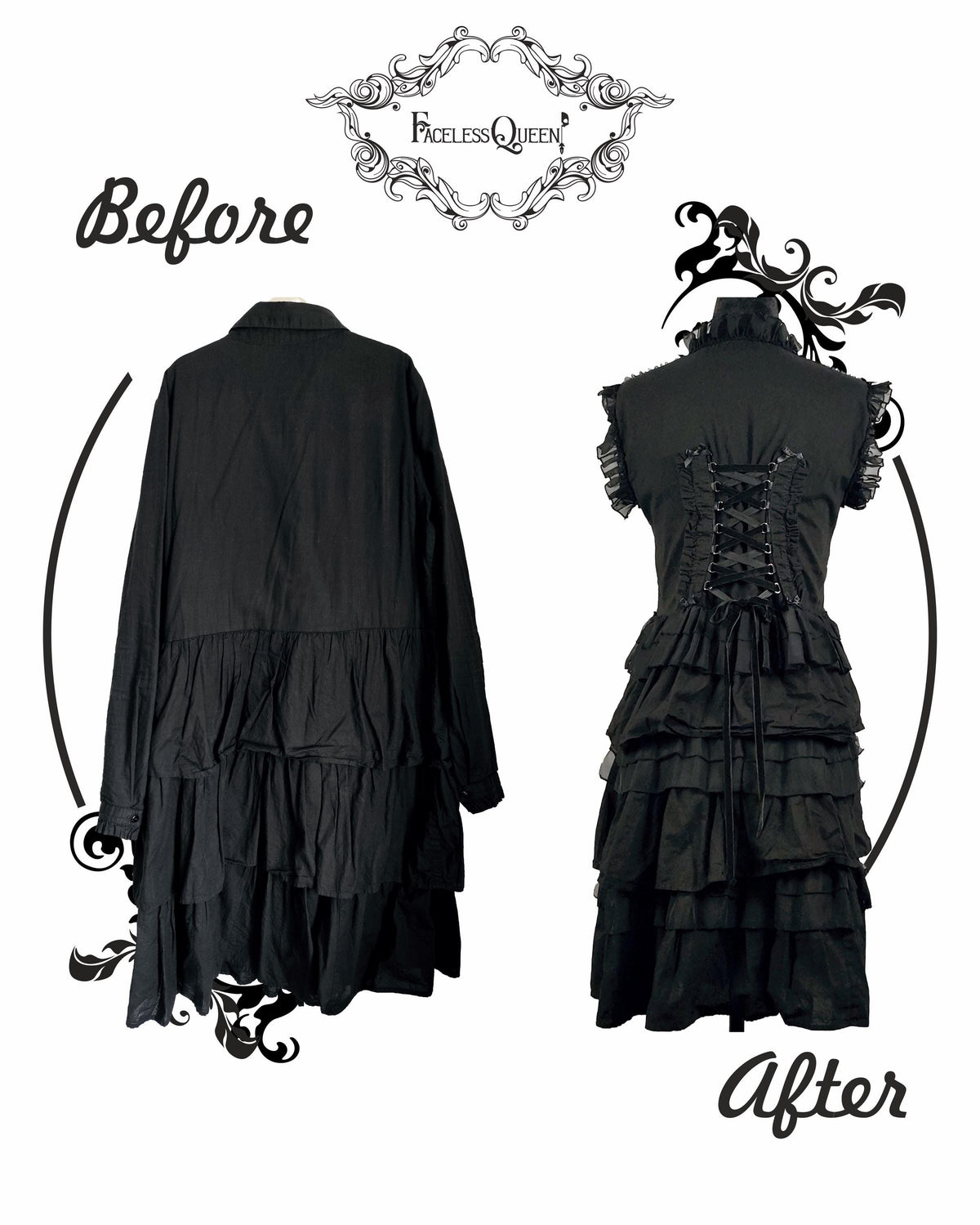 A black gothic-style dress shown from the back in two views labeled 'Before' and 'After' on a white background, with decorative black scrollwork and the brand name 'Faceless Queen' at the top.