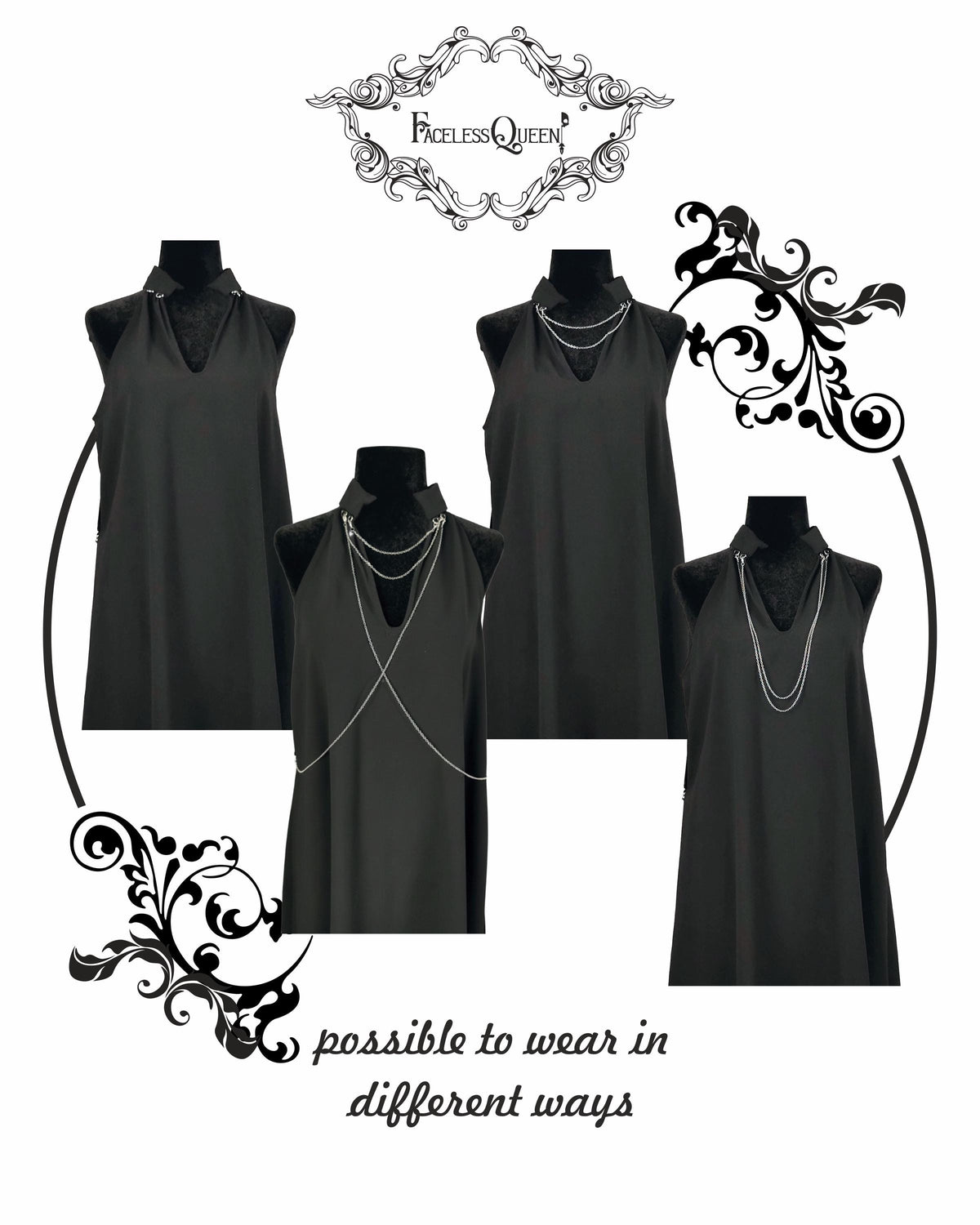 Multiple ways, or suggestions, to wear an alternative, gothic tunic with removable chains.