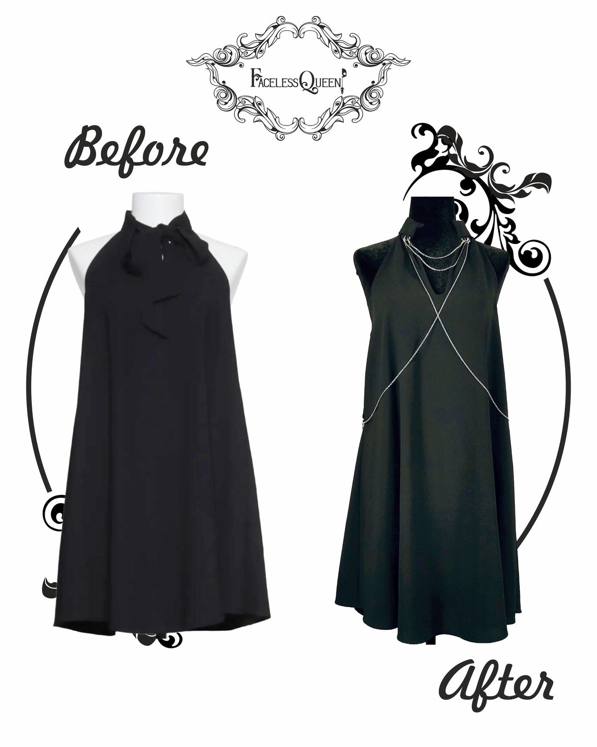 Front view of a before and after composition of a pussy bow tunic to an edgy one with removable chains.
