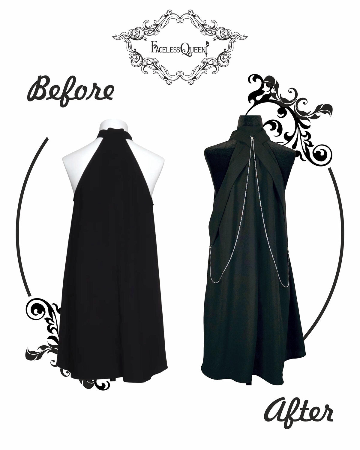 Back view of a before and after composition of a pussy bow tunic to an edgy one with removable chains.