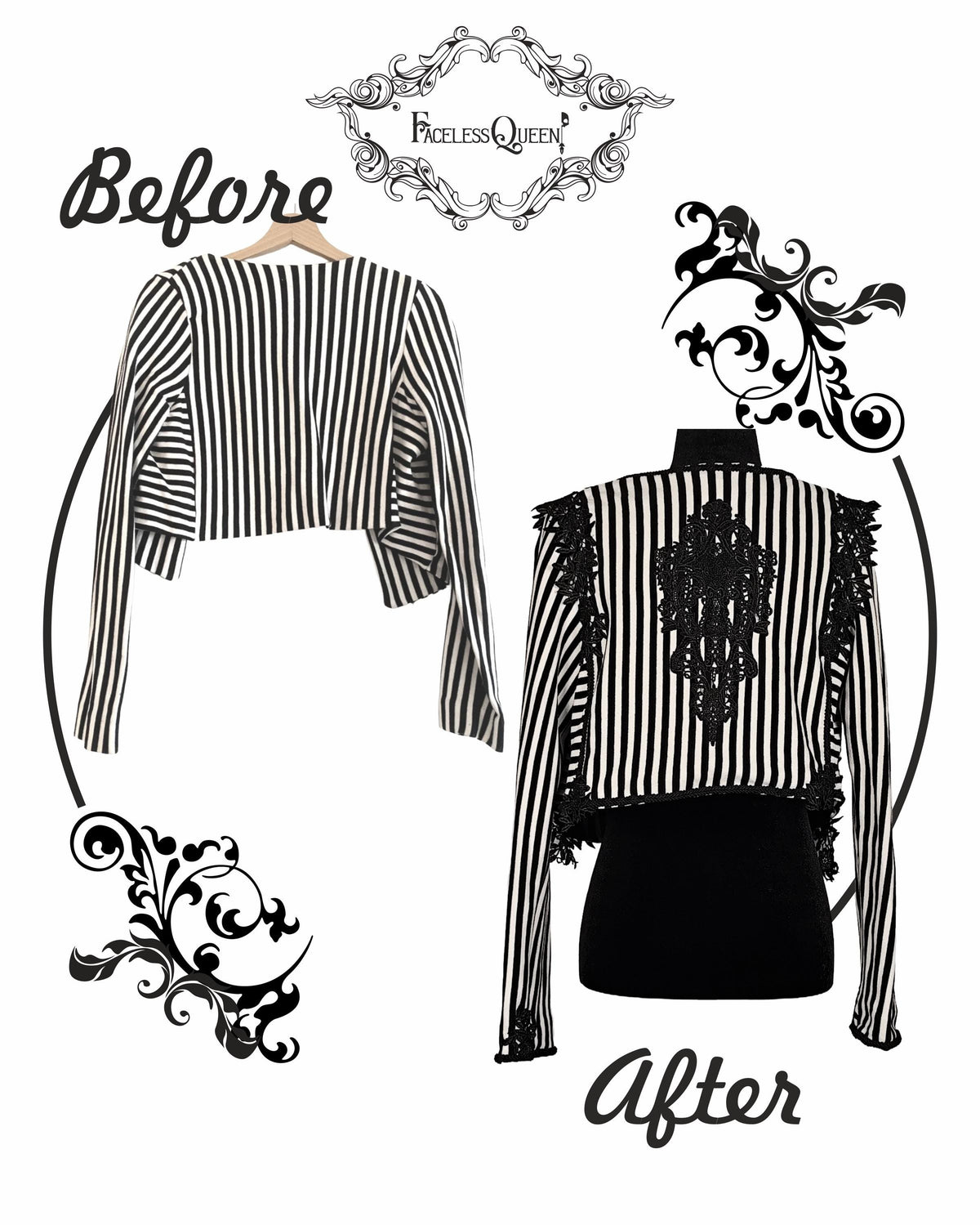 A before-and-after product comparison graphic for a black and white striped long-sleeve jacket. The left side shows the front of the top hanging on a wooden hanger with 'Before' text, and the right side shows the back of the top on a black dress form with 'After' text.