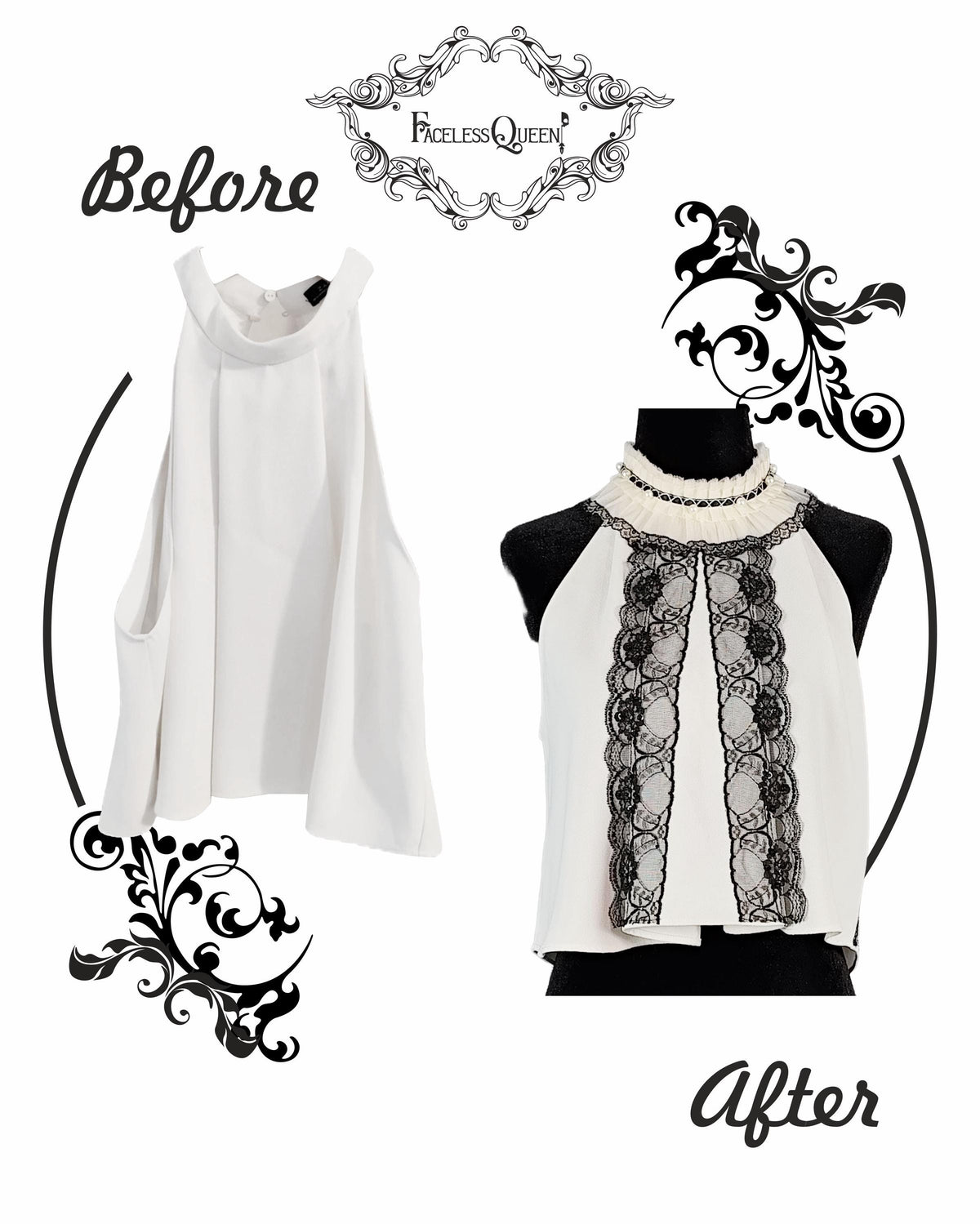 A before-and-after product comparison showing a white sleeveless top from Zara transformed by Faceless Queen. 