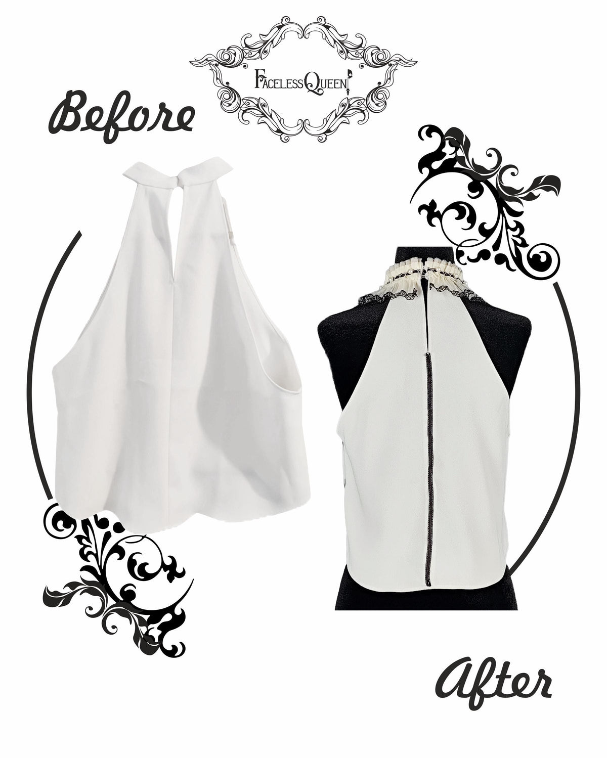 A before-and-after product comparison showing a white sleeveless top from Zara transformed by Faceless Queen. 
