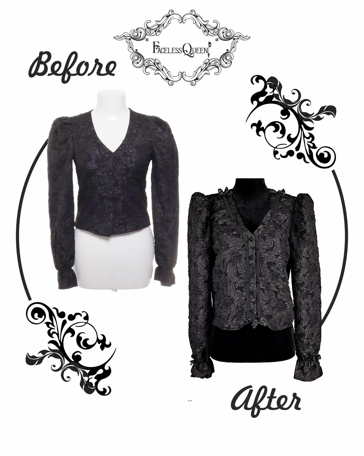 Comparison before-after composition between two gothic blouses, with Faceless Queen logo.